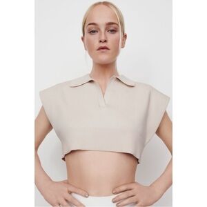 Zara Size S Sleeveless Cropped Polo Sweater Vest Top Beige Cream